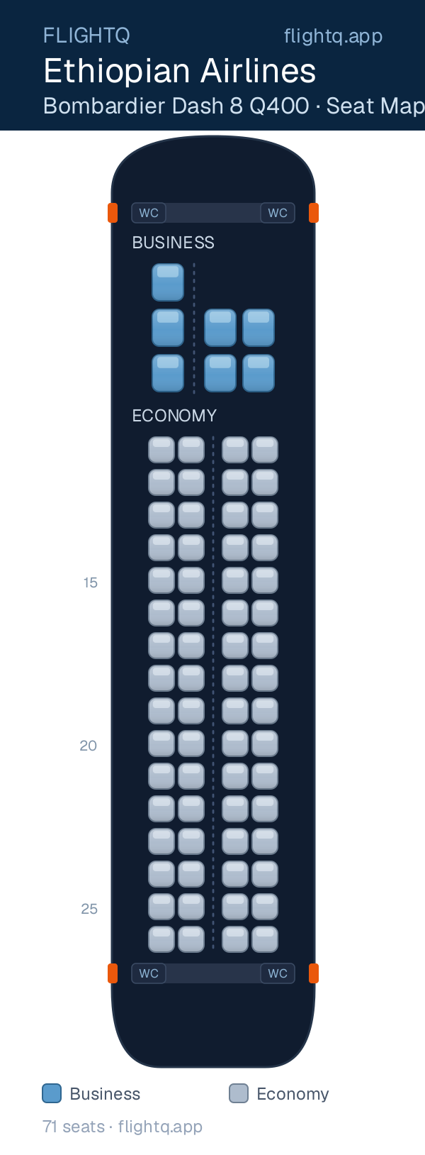 Ethiopian Airlines De Havilland Dash 8-400 seat map with 71 seats across 2 cabins — best seats and rows to avoid