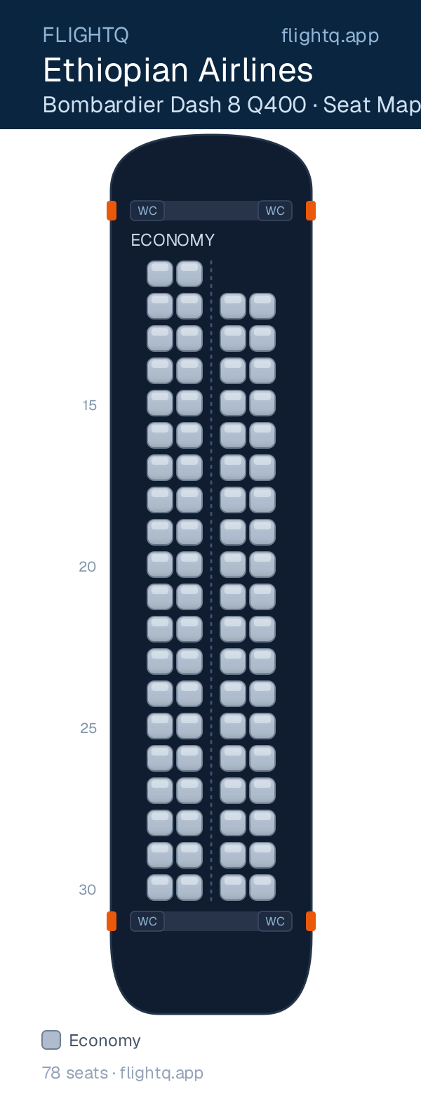Ethiopian Airlines De Havilland Dash 8-400 seat map with 78 seats — best seats and rows to avoid