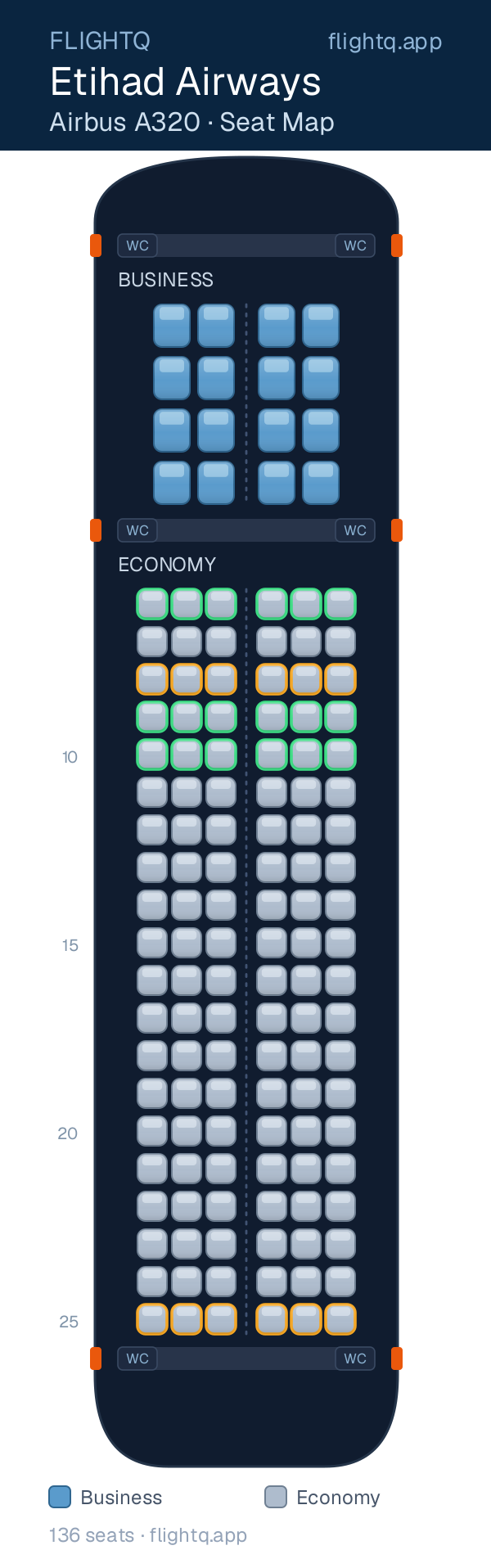 Etihad Airways Airbus A320 seat map with 136 seats across 2 cabins — best seats and rows to avoid