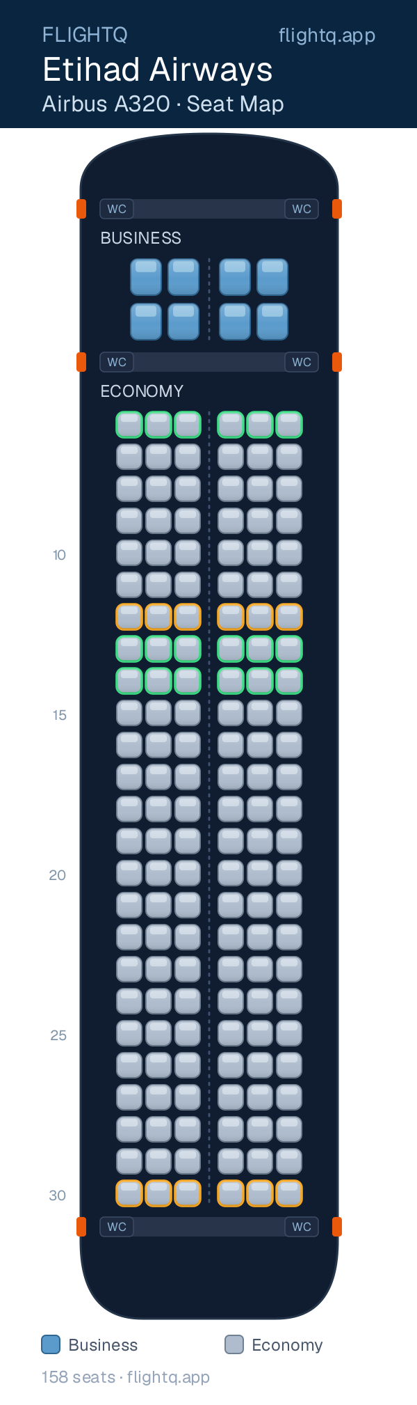 Etihad Airways Airbus A320 seat map with 158 seats across 2 cabins — best seats and rows to avoid