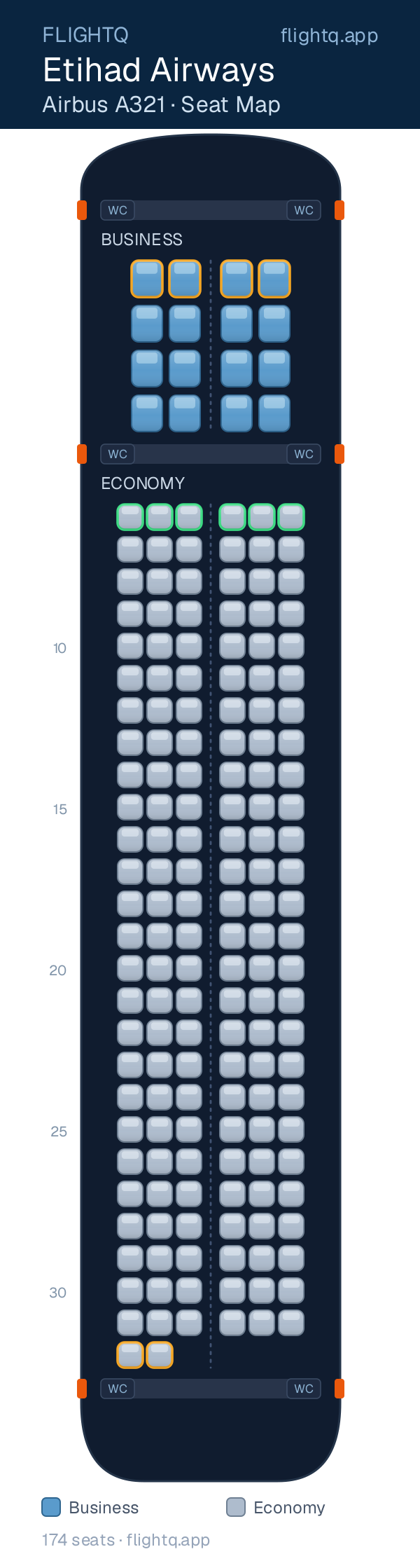 Etihad Airways Airbus A321 seat map with 174 seats across 2 cabins — best seats and rows to avoid