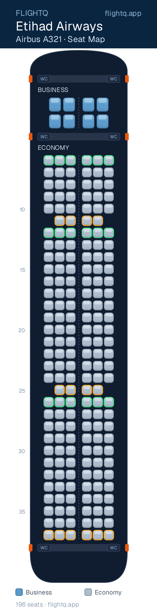 Etihad Airways Airbus A321 seat map with 196 seats across 2 cabins — best seats and rows to avoid