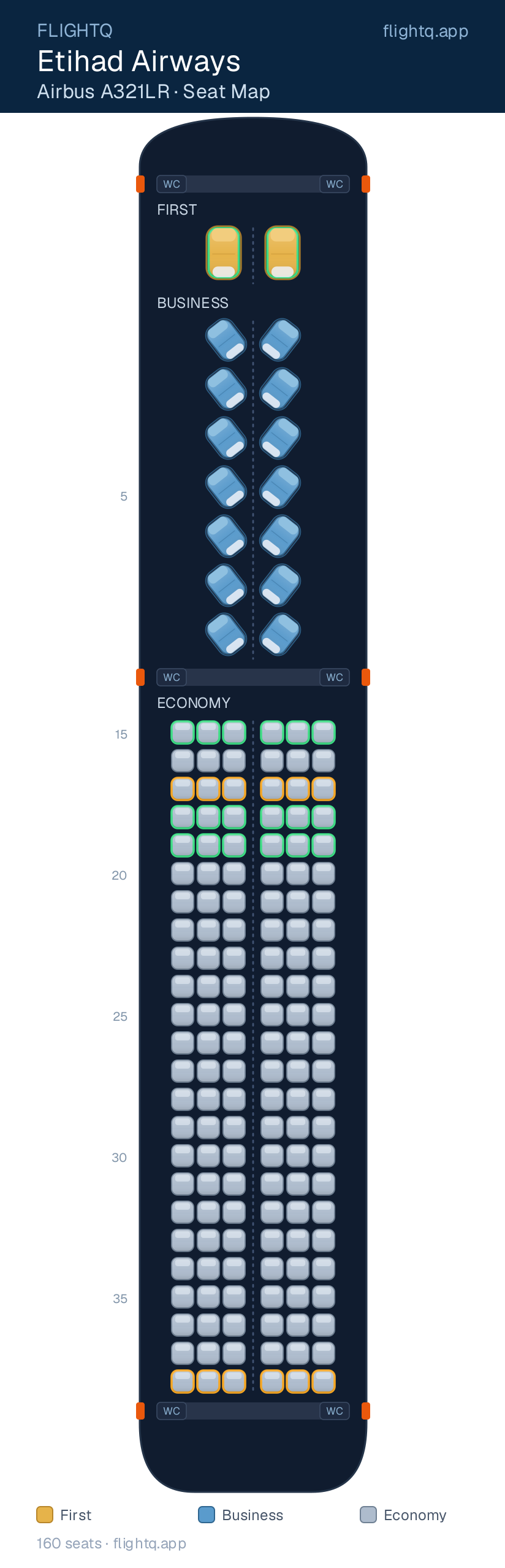 Etihad Airways Airbus A321LR seat map with 160 seats across 3 cabins — best seats and rows to avoid