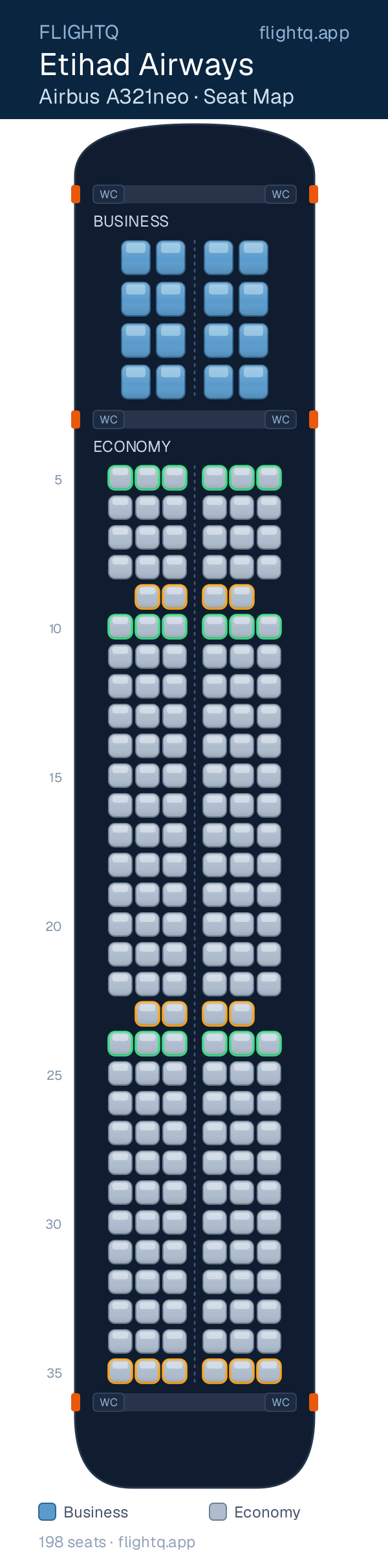 Etihad Airways Airbus A321neo seat map with 198 seats across 2 cabins — best seats and rows to avoid