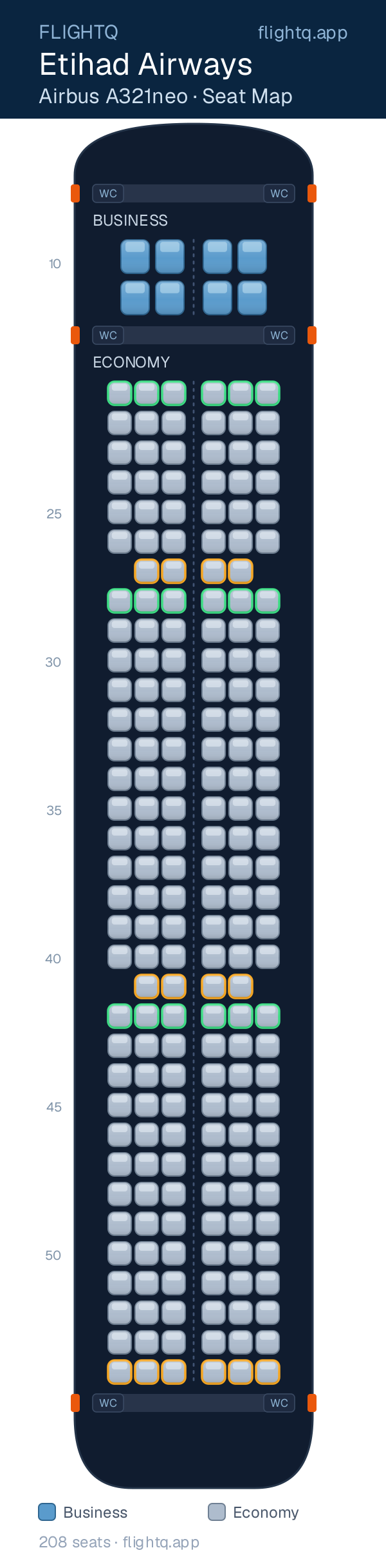Etihad Airways Airbus A321neo seat map with 208 seats across 2 cabins — best seats and rows to avoid