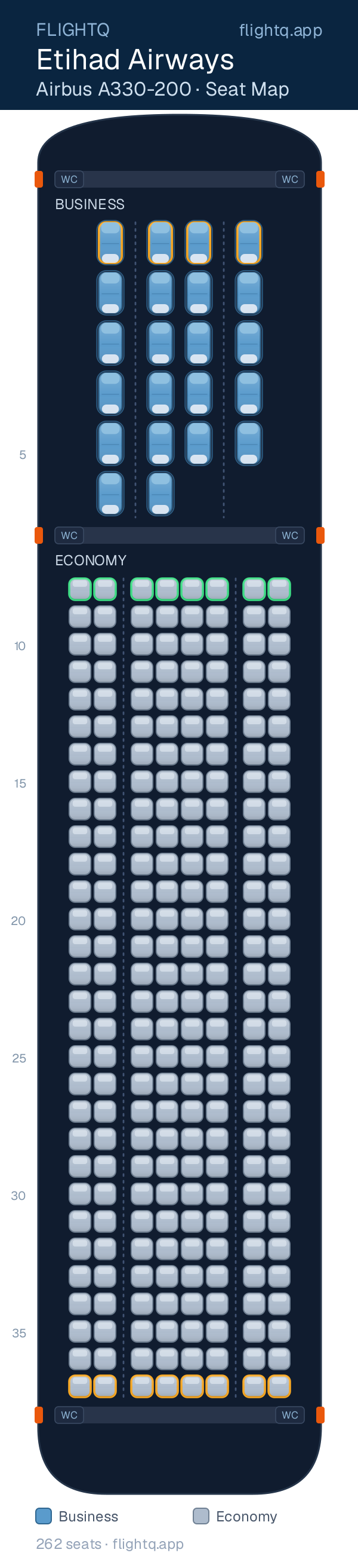 Etihad Airways Airbus A330-200 seat map with 262 seats across 2 cabins — best seats and rows to avoid