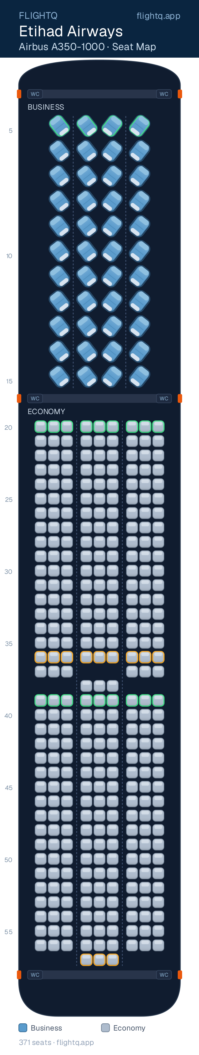 Etihad Airways Airbus A350-1000 seat map with 371 seats across 2 cabins — best seats and rows to avoid