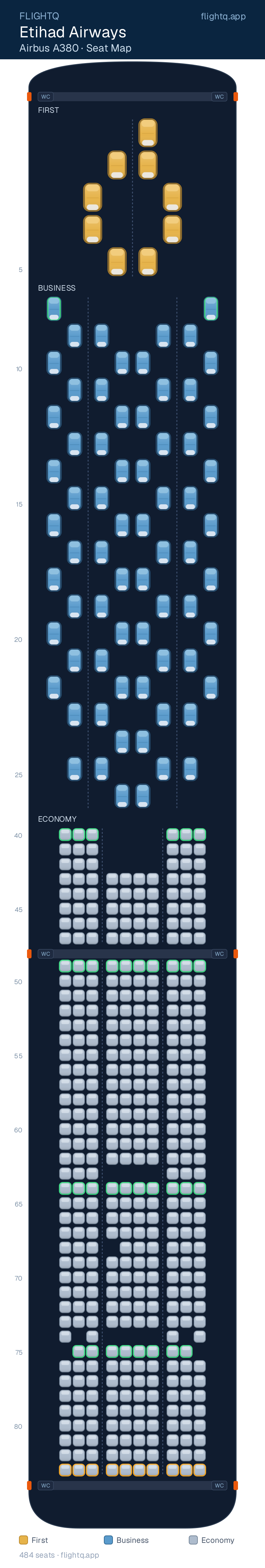 Etihad Airways Airbus A380-800 seat map with 484 seats across 3 cabins — best seats and rows to avoid