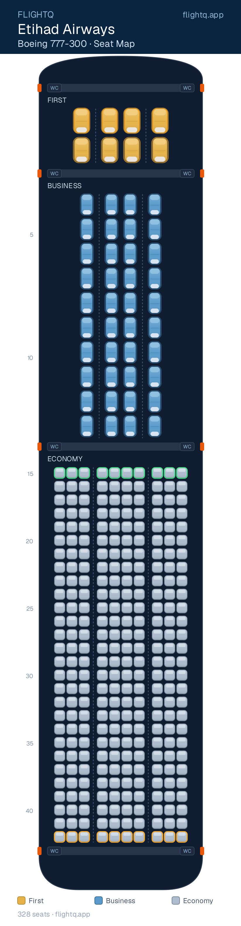 Etihad Airways Boeing 777-300ER seat map with 328 seats across 3 cabins — best seats and rows to avoid