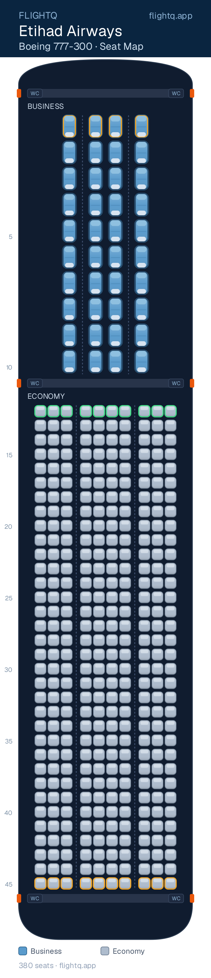 Etihad Airways Boeing 777-300ER seat map with 380 seats across 2 cabins — best seats and rows to avoid