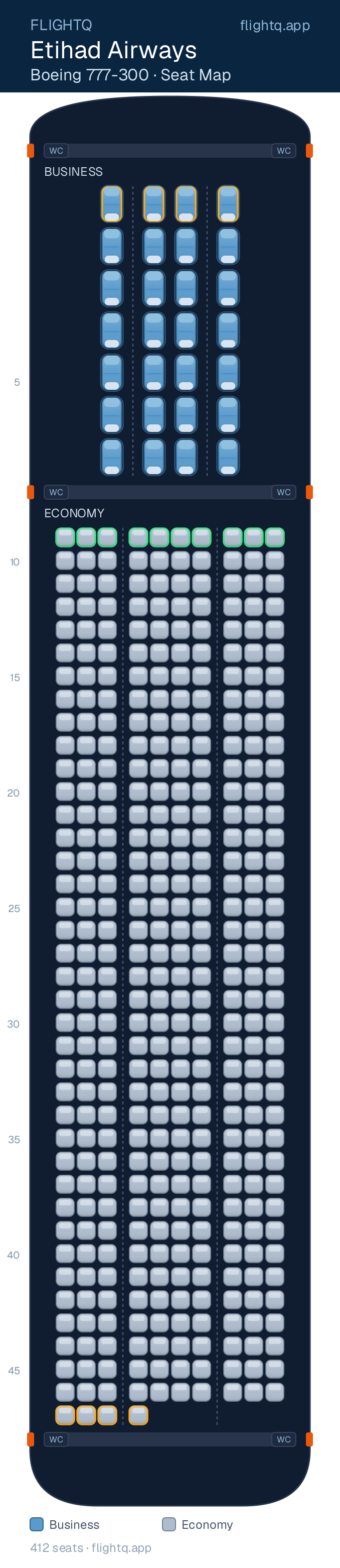 Etihad Airways Boeing 777-300ER seat map with 412 seats across 2 cabins — best seats and rows to avoid