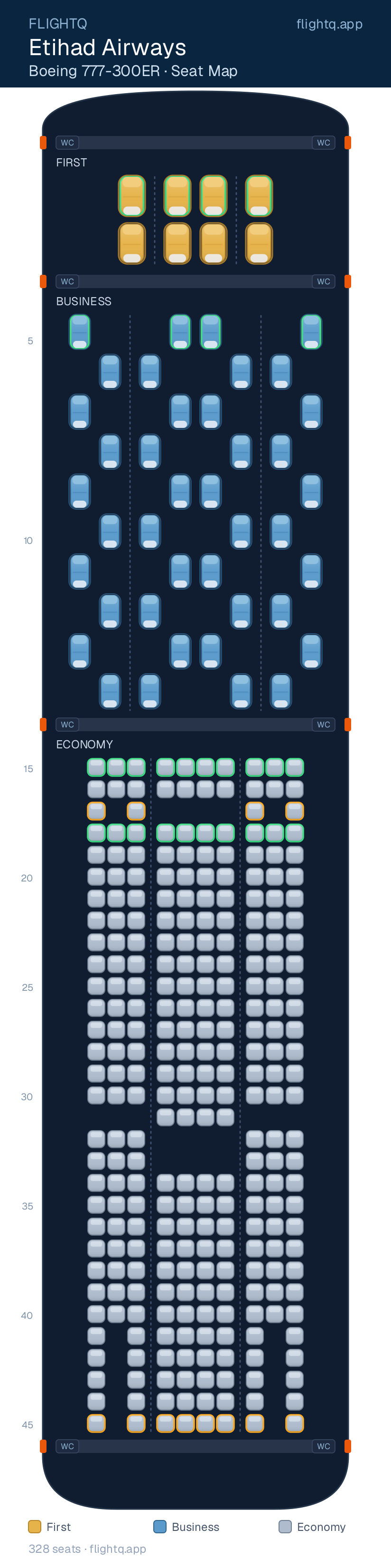 Etihad Airways Boeing 777-300ER seat map with 328 seats across 3 cabins — best seats and rows to avoid