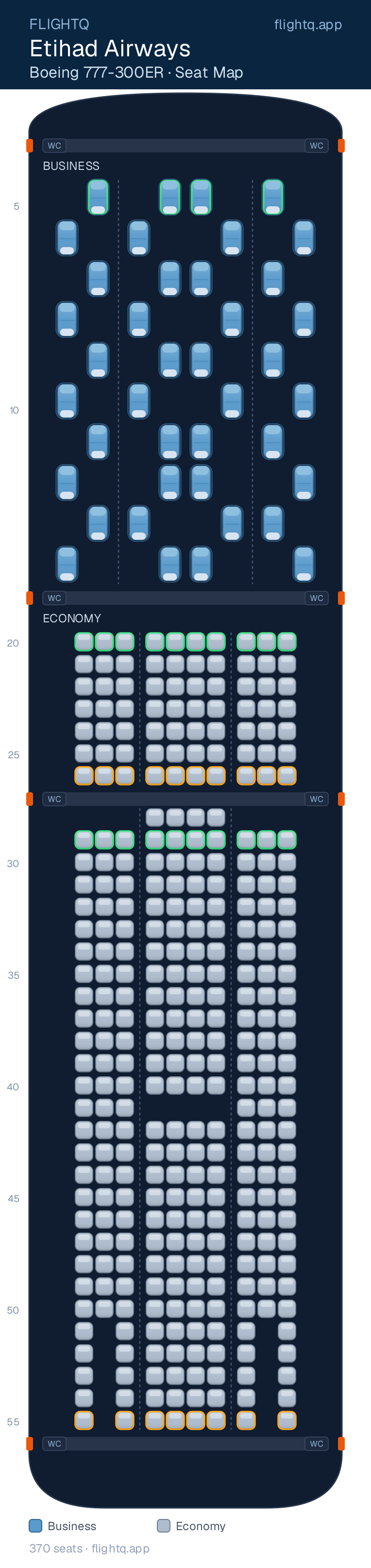 Etihad Airways Boeing 777-300ER seat map with 370 seats across 2 cabins — best seats and rows to avoid