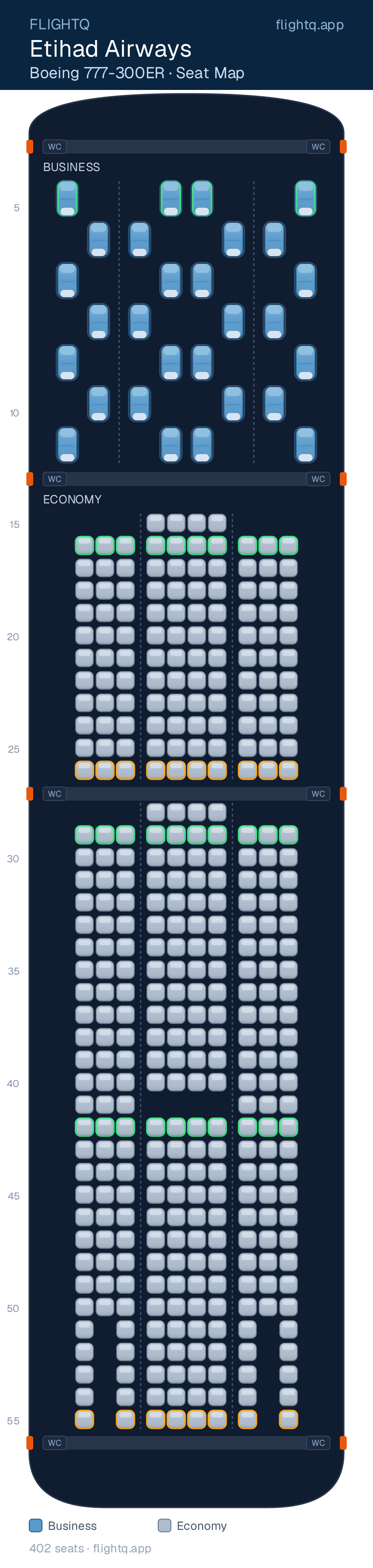 Etihad Airways Boeing 777-300ER seat map with 402 seats across 2 cabins — best seats and rows to avoid