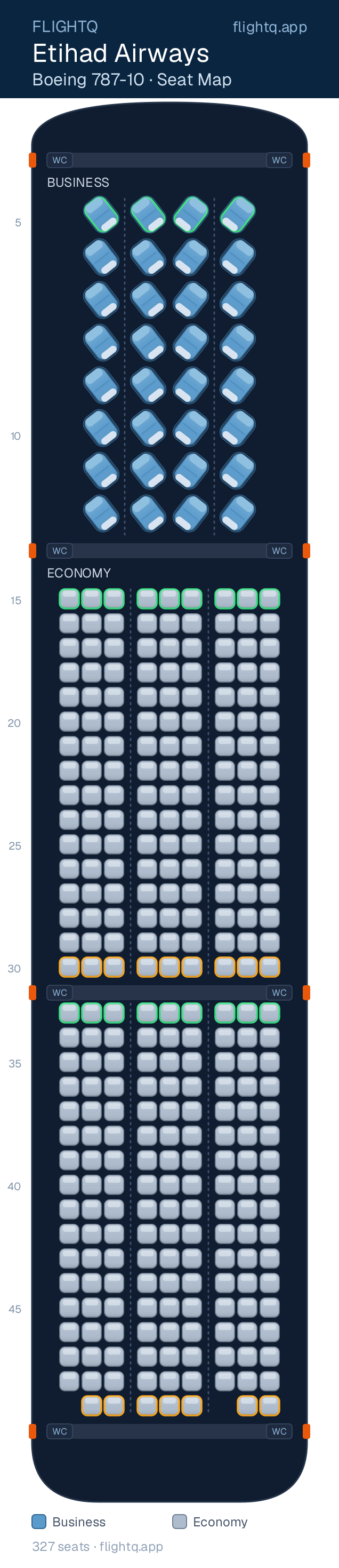 Etihad Airways Boeing 787-10 Dreamliner seat map with 327 seats across 2 cabins — best seats and rows to avoid