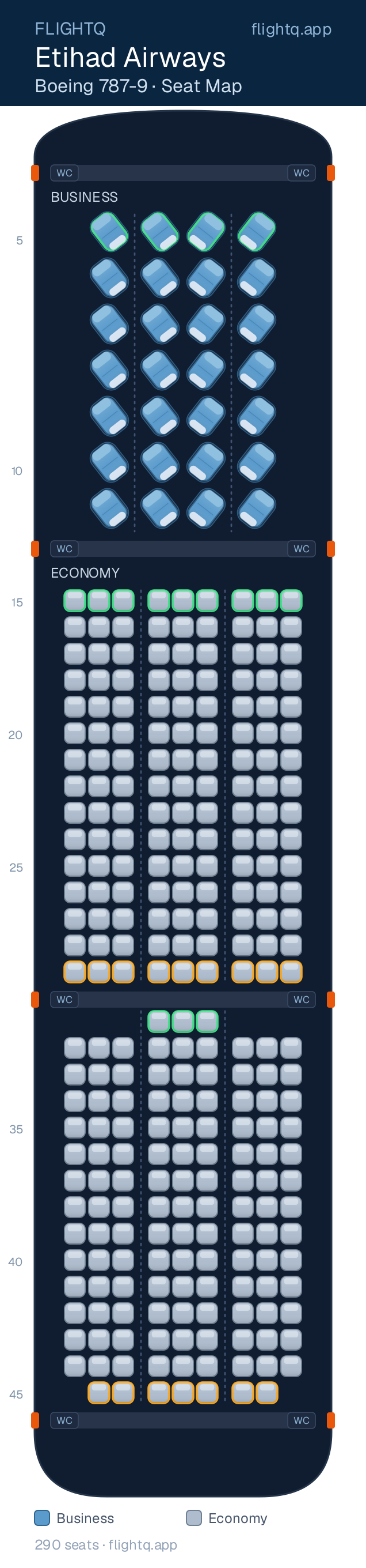 Etihad Airways Boeing 787-9 Dreamliner seat map with 290 seats across 2 cabins — best seats and rows to avoid