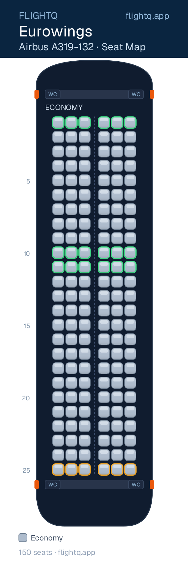 Eurowings Airbus A319 seat map with 150 seats — best seats and rows to avoid