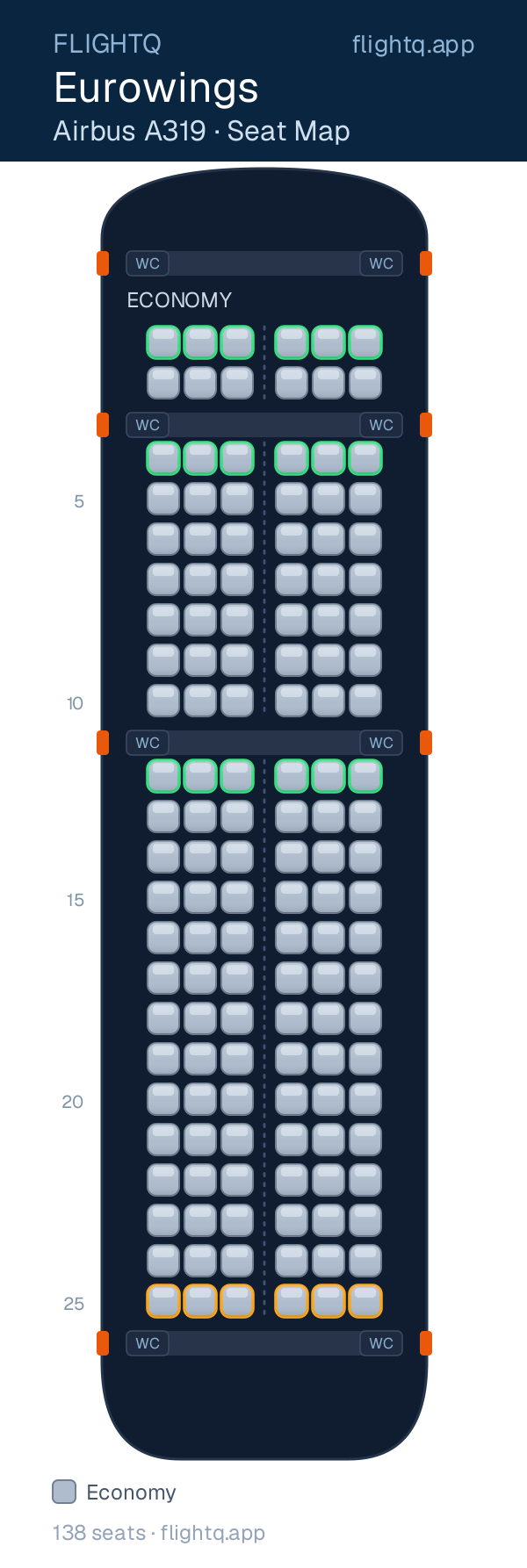 Eurowings Airbus A319 seat map with 138 seats — best seats and rows to avoid