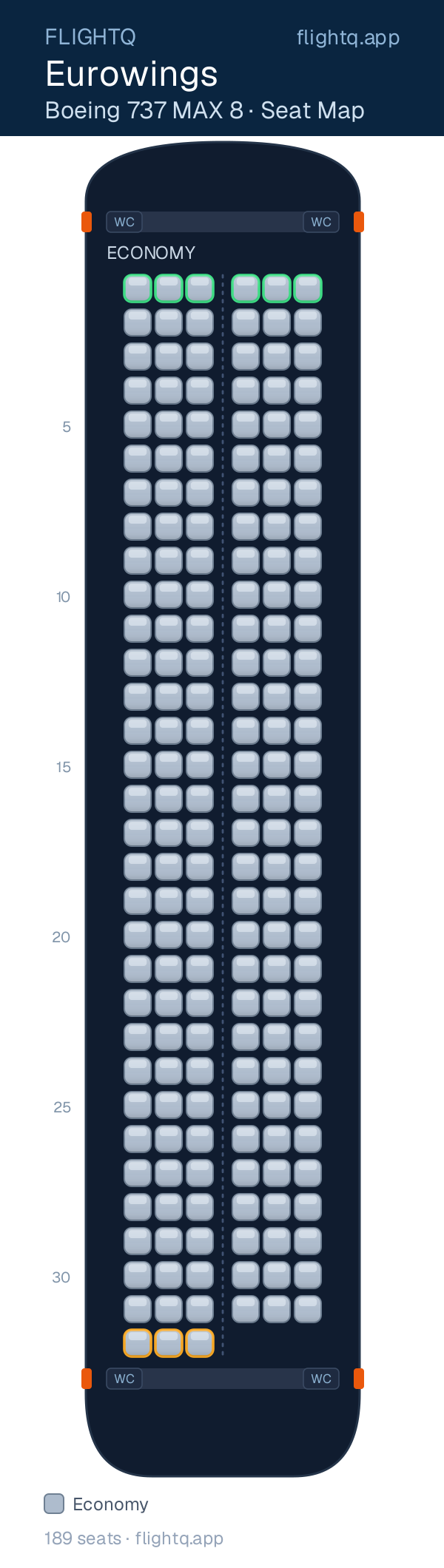Eurowings Boeing 737 MAX 8 seat map with 189 seats — rows to avoid