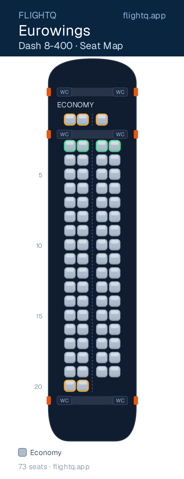 Eurowings De Havilland Dash 8-400 seat map with 73 seats — best seats and rows to avoid