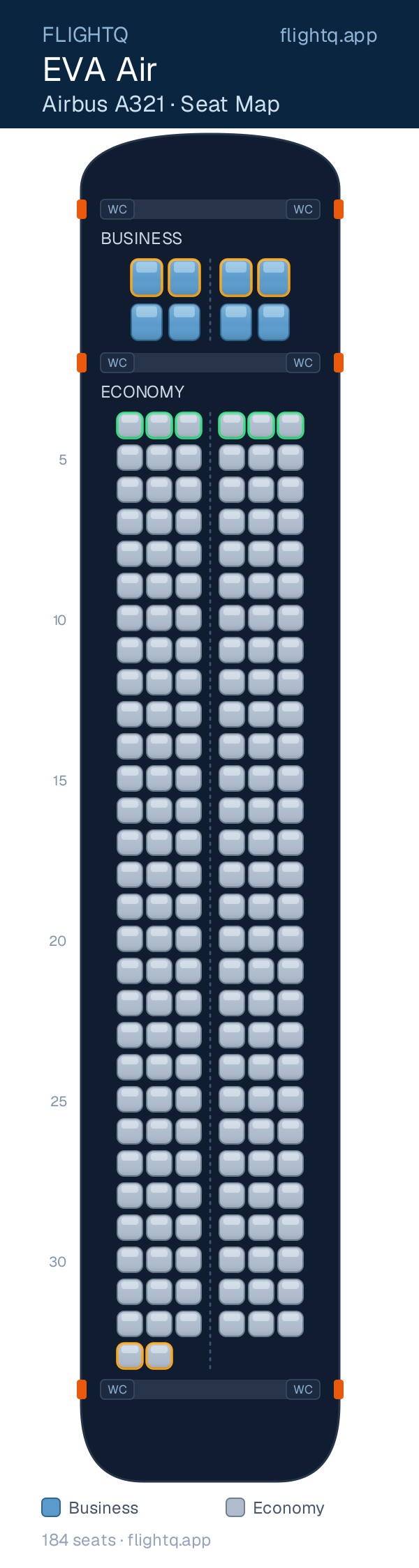 EVA Air Airbus A321 seat map with 184 seats across 2 cabins — best seats and rows to avoid