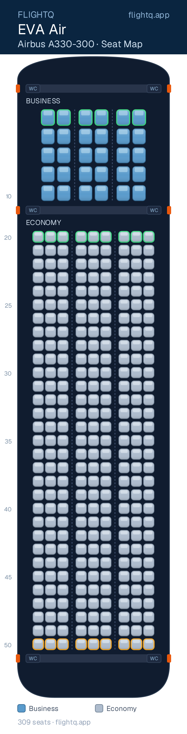 EVA Air Airbus A330-300 seat map with 309 seats across 2 cabins — best seats and rows to avoid