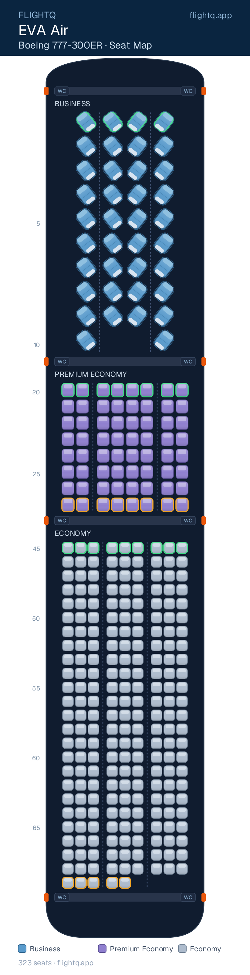EVA Air Boeing 777-300ER seat map with 323 seats across 3 cabins — best seats and rows to avoid
