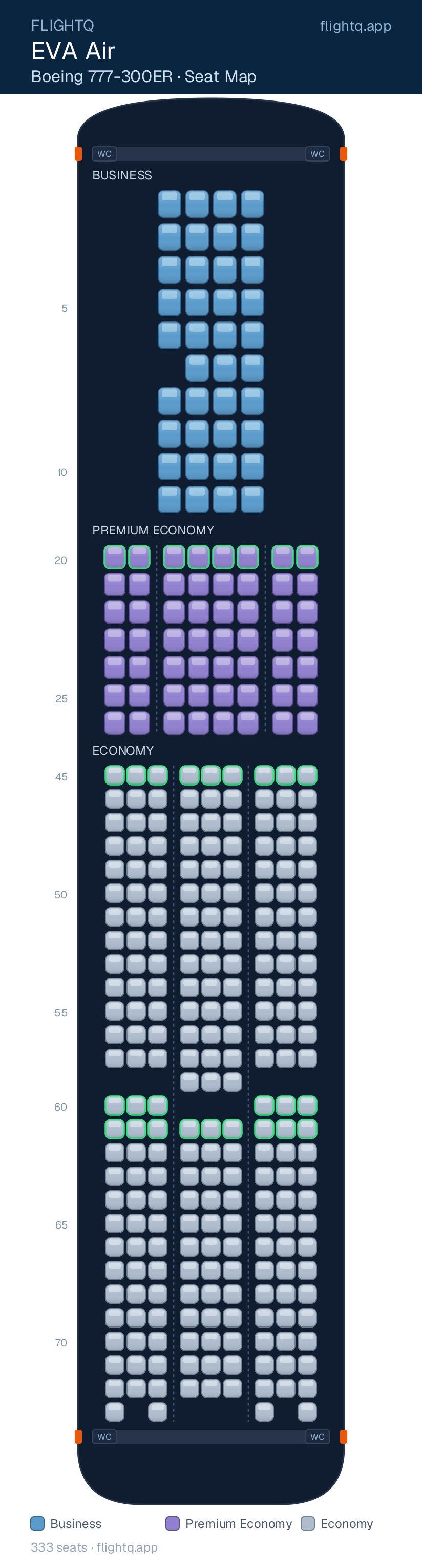 EVA Air Boeing 777-300ER seat map with 333 seats across 3 cabins — best seats and rows to avoid
