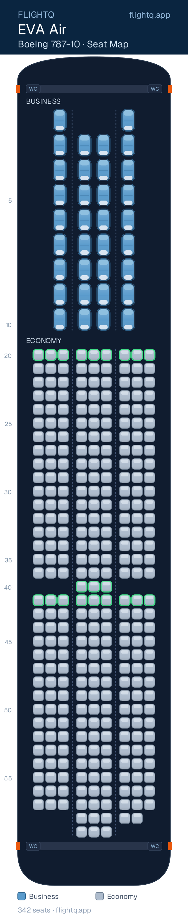 EVA Air Boeing 787-10 Dreamliner seat map with 342 seats across 2 cabins — best seats and rows to avoid