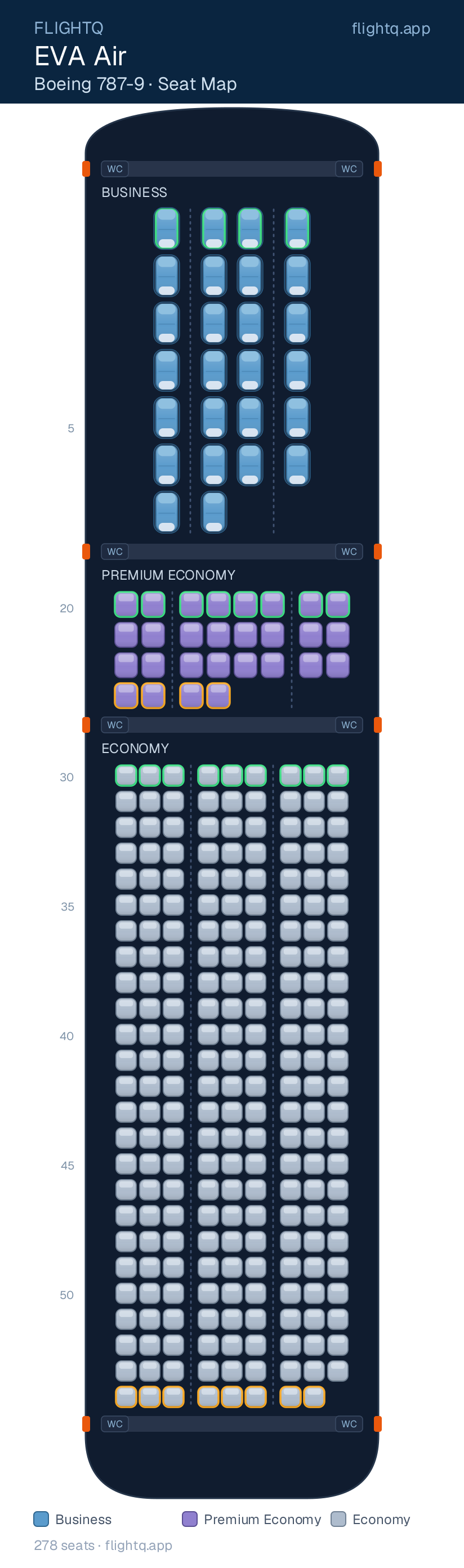 EVA Air Boeing 787-9 Dreamliner seat map with 278 seats across 3 cabins — best seats and rows to avoid