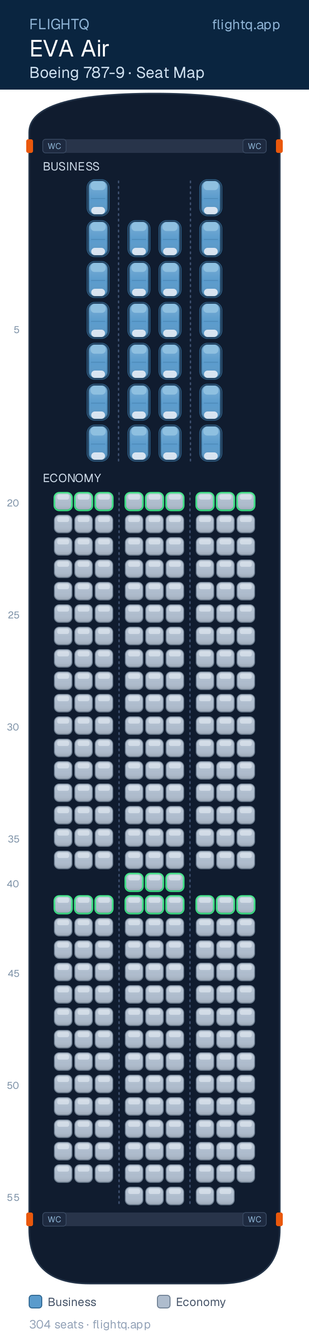EVA Air Boeing 787-9 Dreamliner seat map with 304 seats across 2 cabins — best seats and rows to avoid