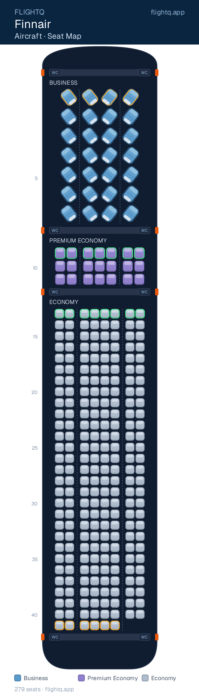 Finnair seat map with 279 seats across 3 cabins — best seats and rows to avoid