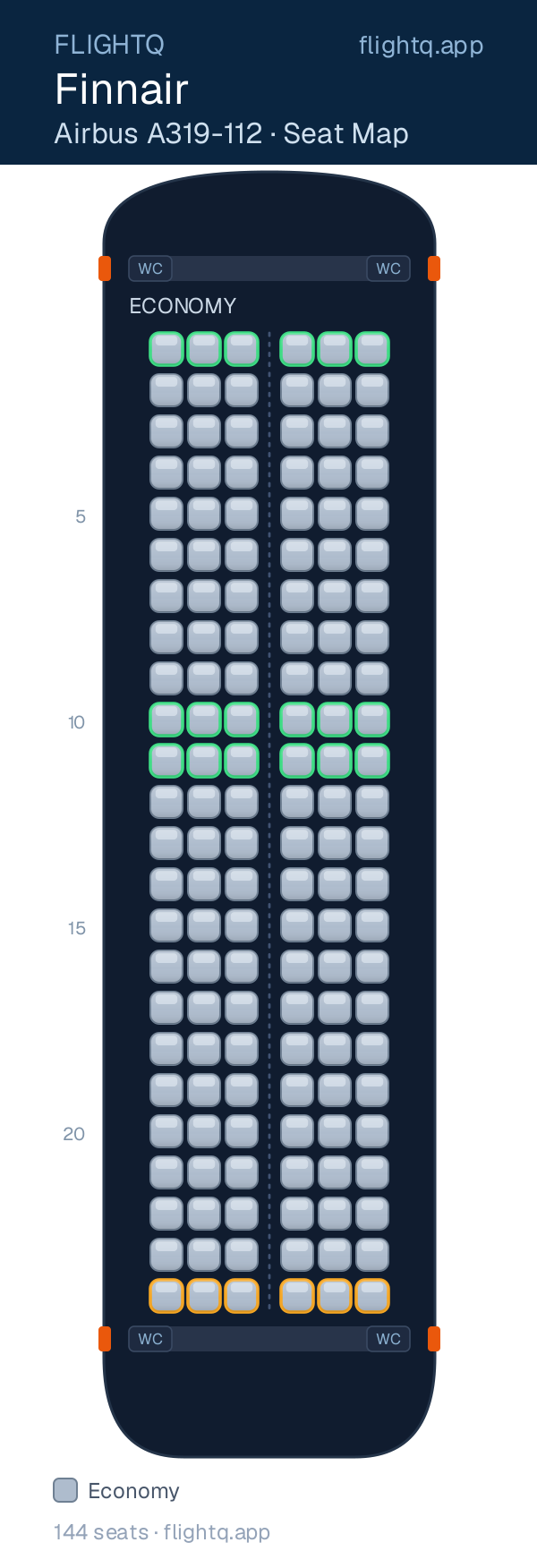 Finnair Airbus A319 seat map with 144 seats — best seats and rows to avoid