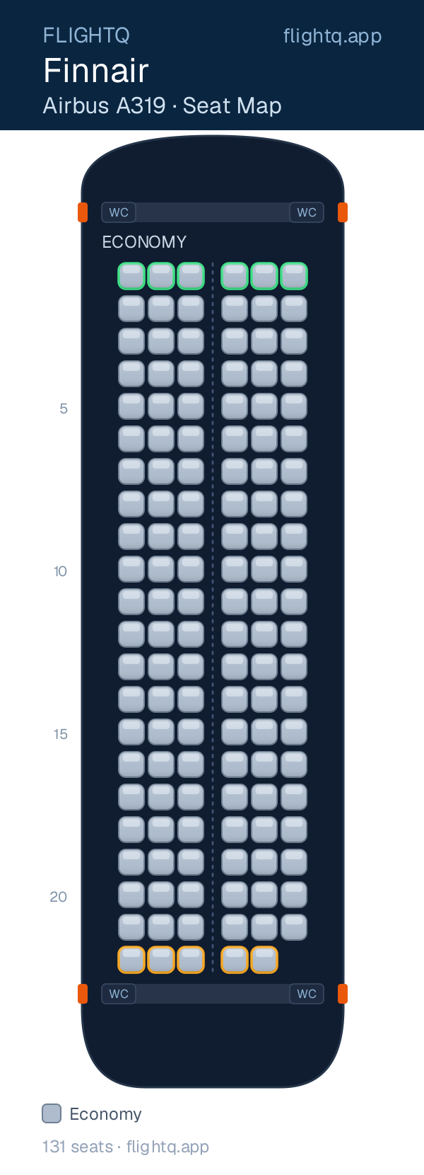 Finnair Airbus A319 seat map with 131 seats — best seats and rows to avoid