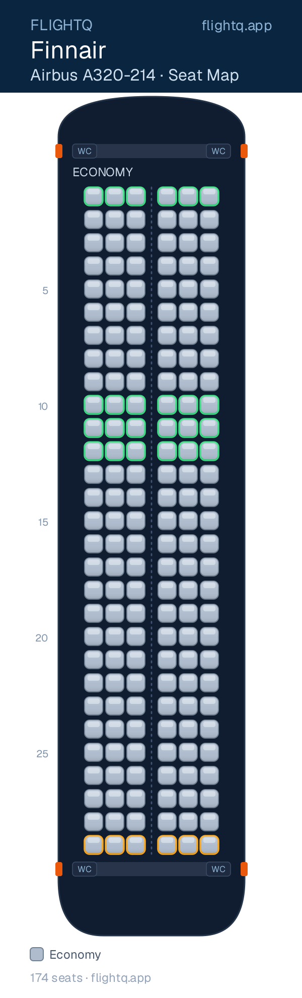 Finnair Airbus A320 seat map with 174 seats — best seats and rows to avoid