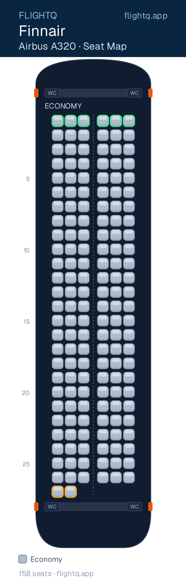 Finnair Airbus A320 seat map with 158 seats — best seats and rows to avoid