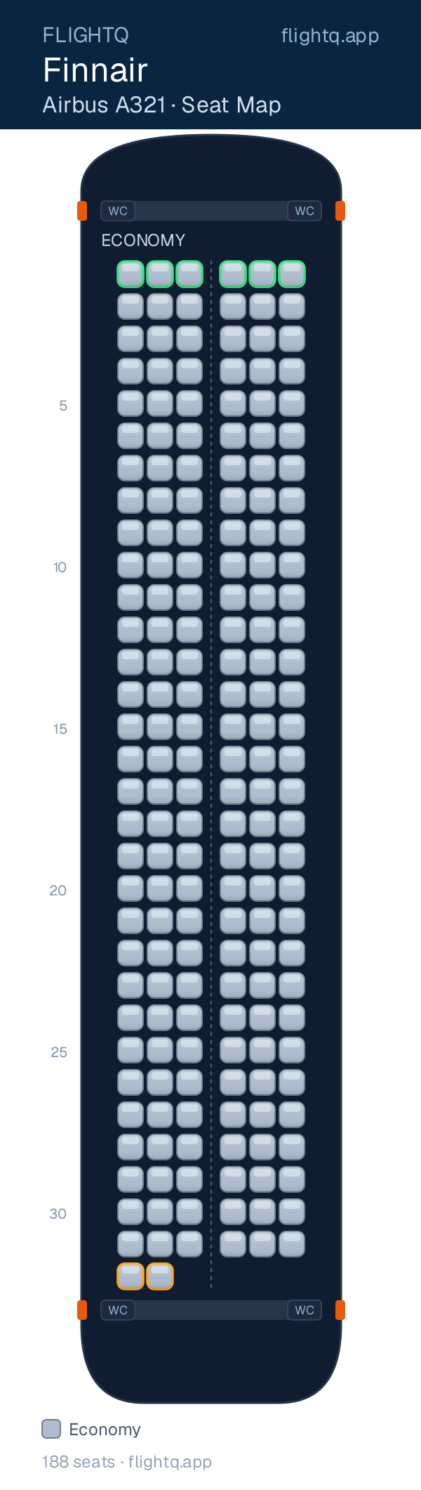 Finnair Airbus A321 seat map with 188 seats — best seats and rows to avoid
