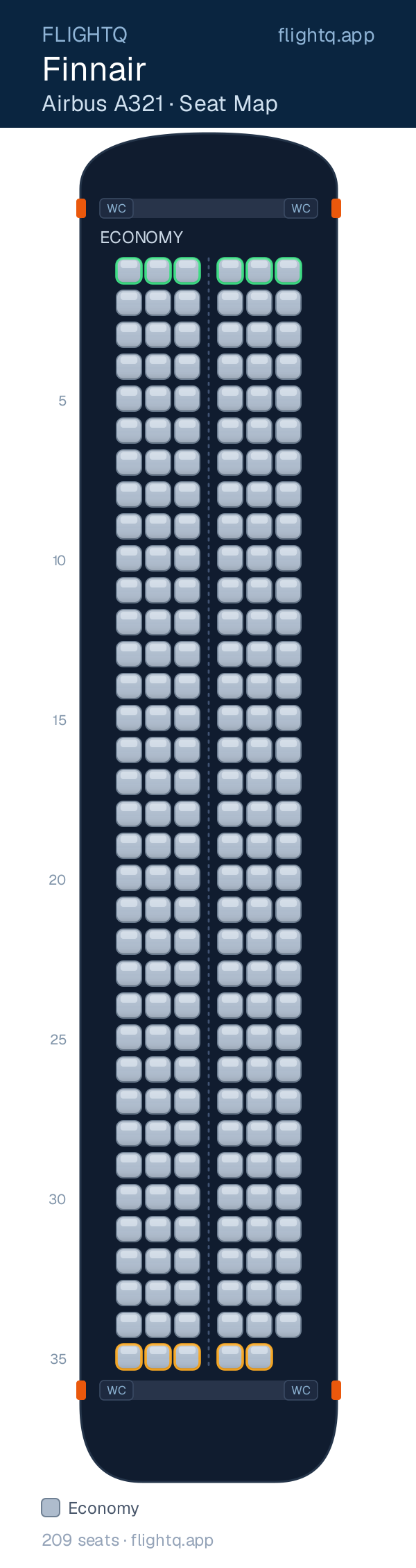 Finnair Airbus A321 seat map with 209 seats — best seats and rows to avoid