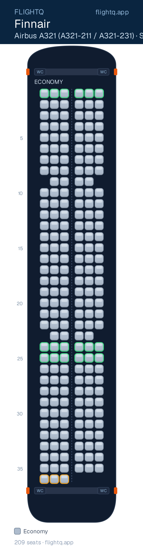 Finnair Airbus A321 seat map with 209 seats — best seats and rows to avoid