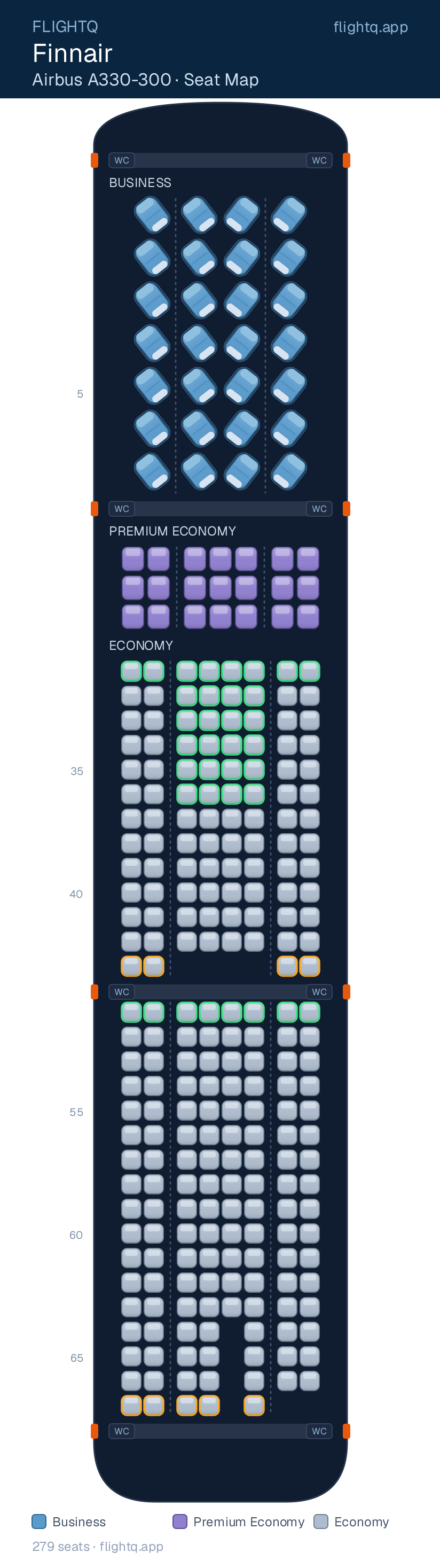 Finnair Airbus A330-300 seat map with 279 seats across 3 cabins — best seats and rows to avoid