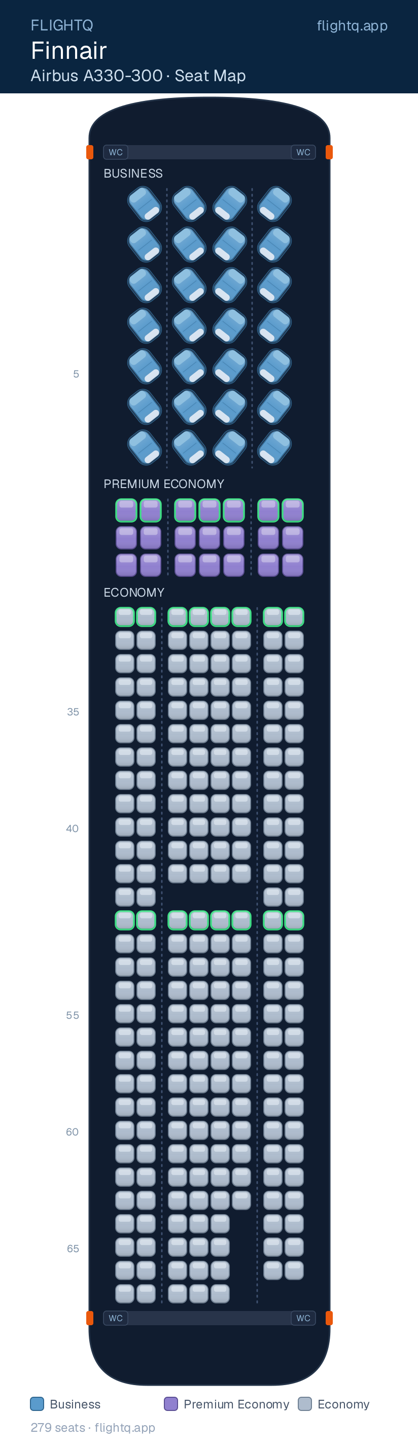 Finnair Airbus A330-300 seat map with 279 seats across 3 cabins — best seats and rows to avoid