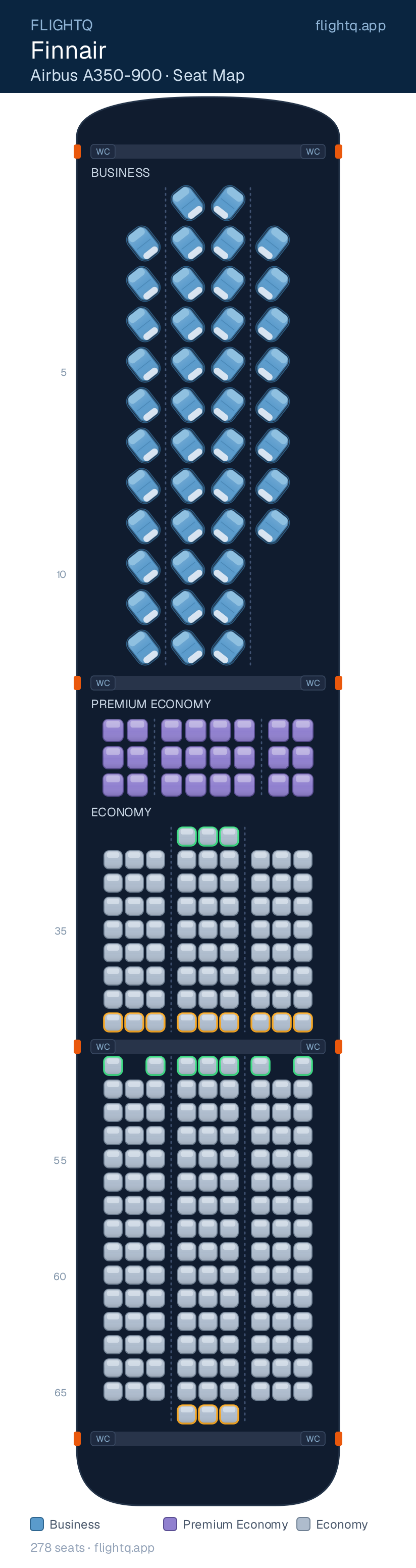 Finnair Airbus A350-900 seat map with 278 seats across 3 cabins — best seats and rows to avoid