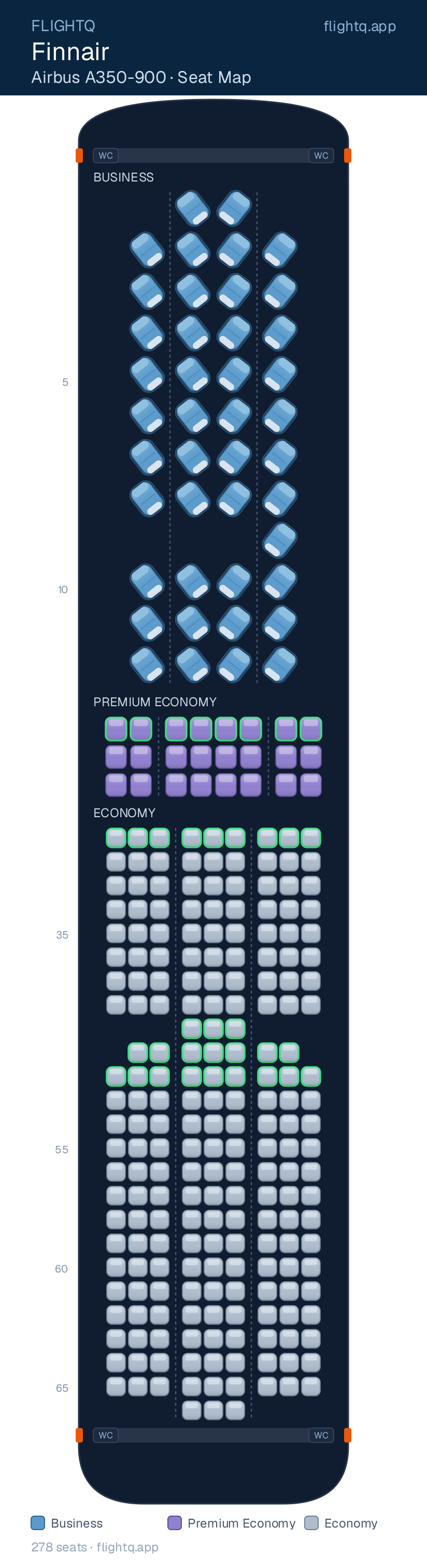 Finnair Airbus A350-900 seat map with 278 seats across 3 cabins — best seats and rows to avoid