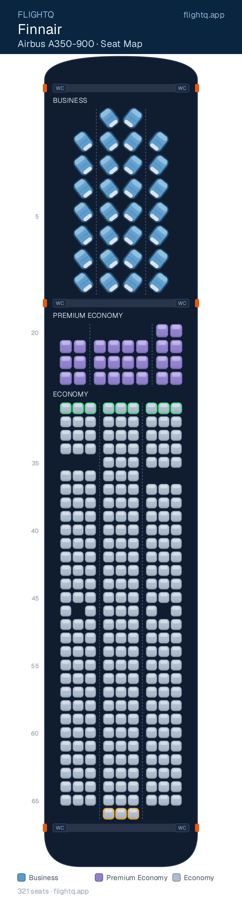 Finnair Airbus A350-900 seat map with 321 seats across 3 cabins — best seats and rows to avoid