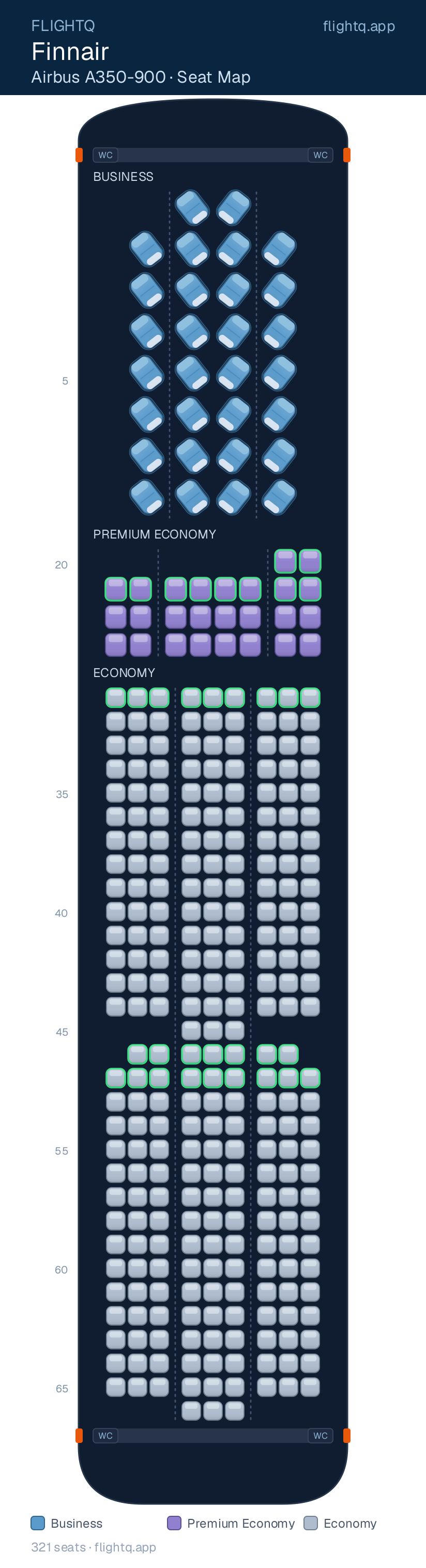 Finnair Airbus A350-900 seat map with 321 seats across 3 cabins — best seats and rows to avoid