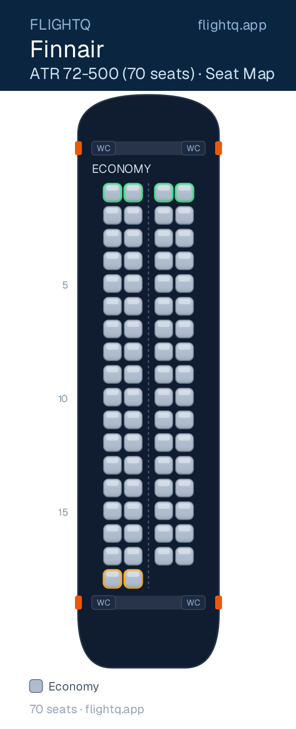 Finnair ATR 72-500 (70 seats) seat map with 70 seats — best seats and rows to avoid
