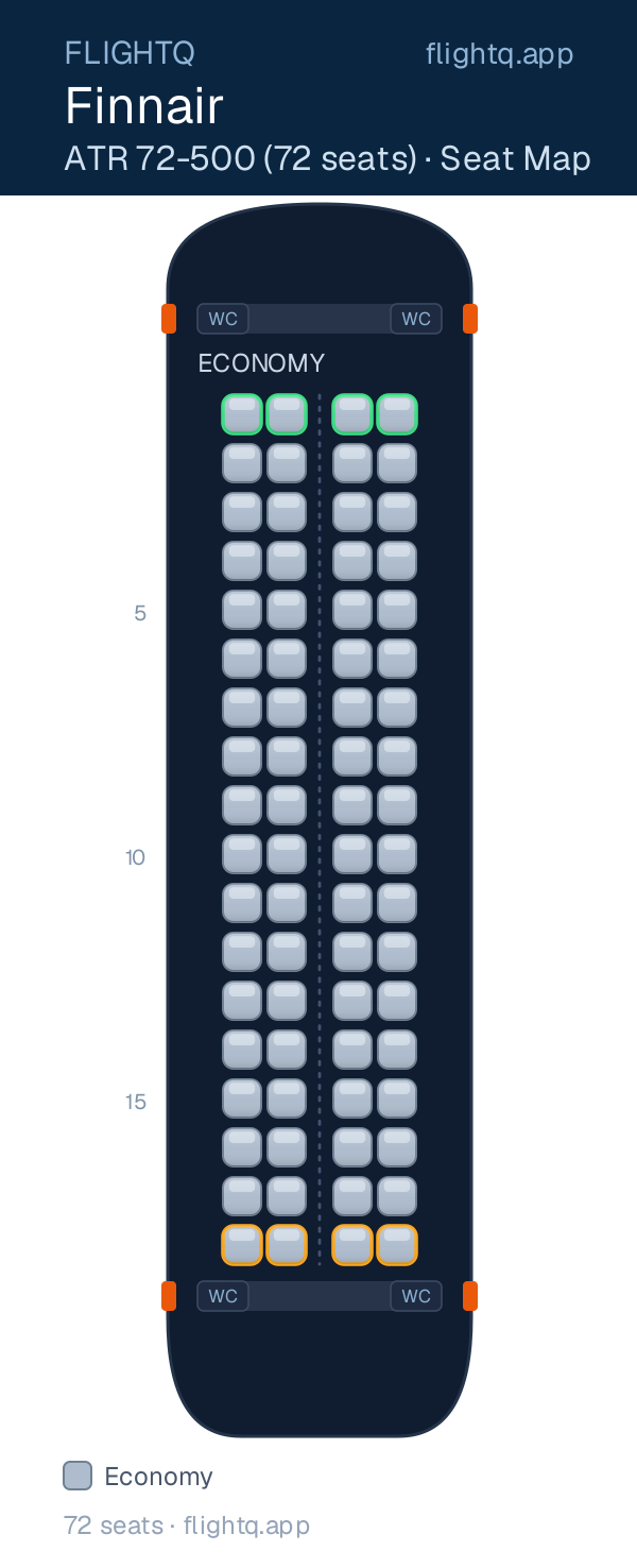 Finnair ATR 72-500 (72 seats) seat map with 72 seats — best seats and rows to avoid