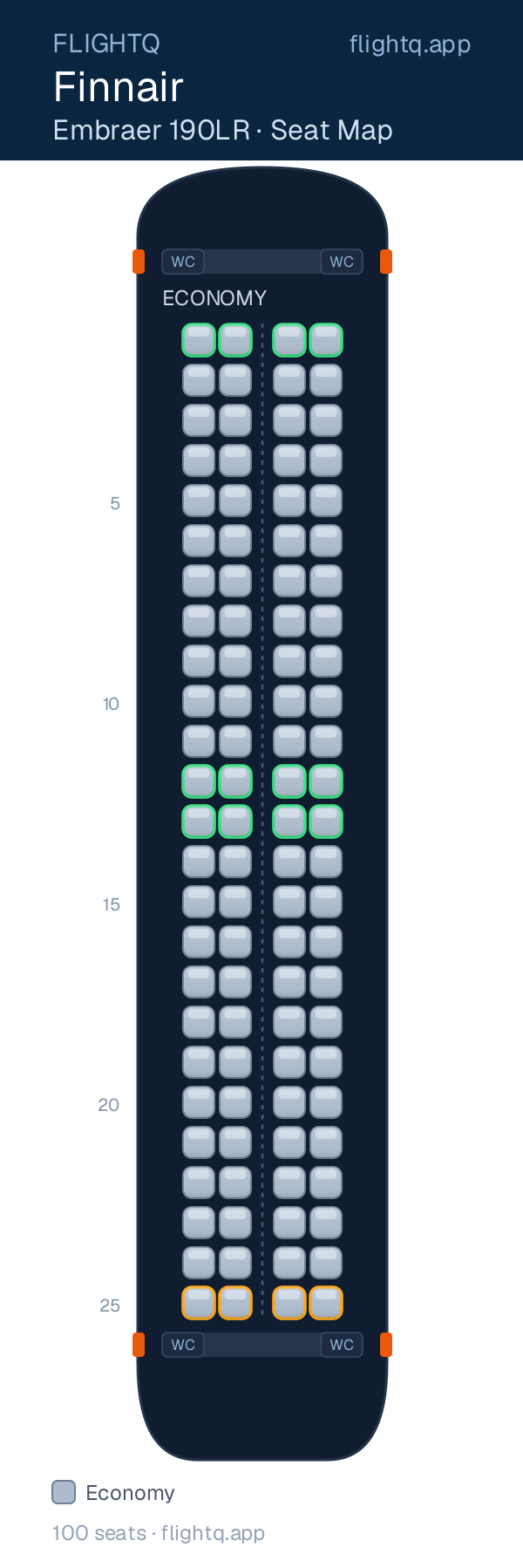 Finnair Embraer E190 seat map with 100 seats — best seats and rows to avoid
