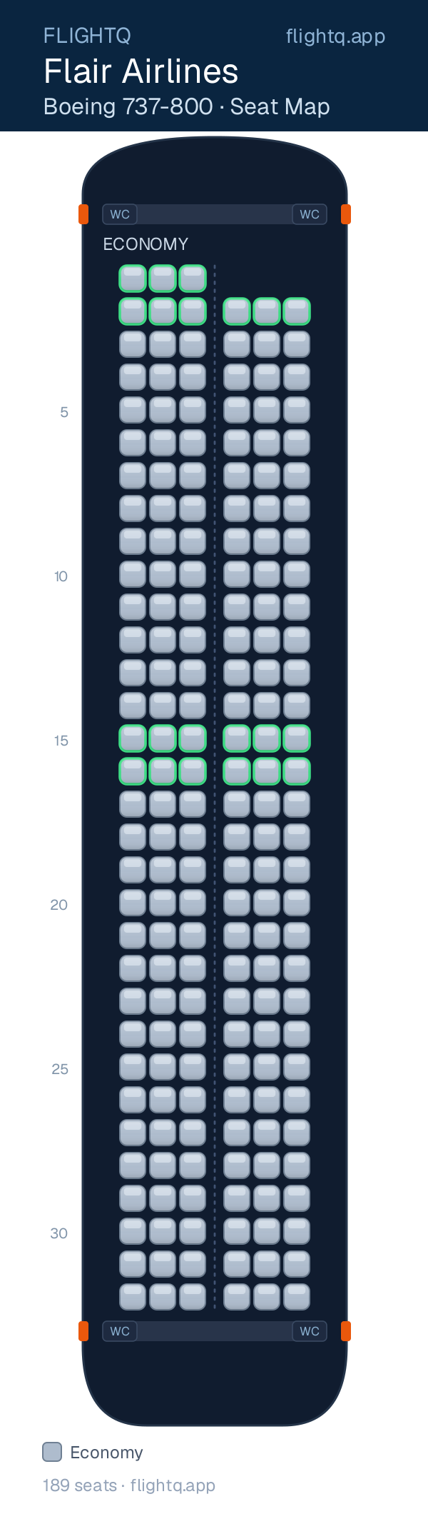 Flair Airlines Boeing 737-800 seat map with 189 seats — best seats and rows to avoid
