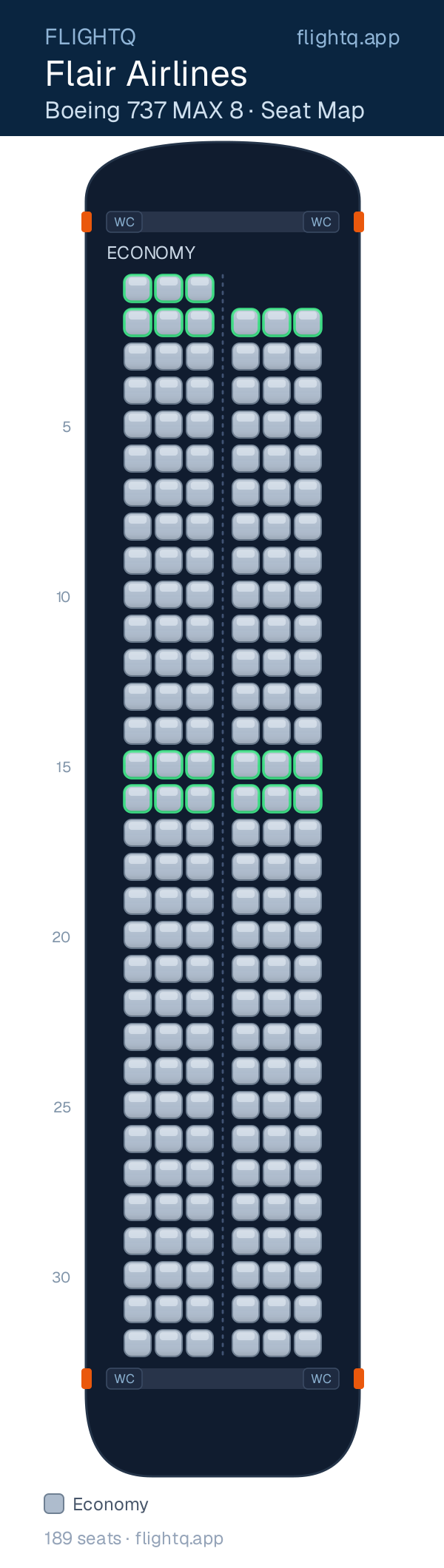 Flair Airlines Boeing 737 MAX 8 seat map with 189 seats — best seats and rows to avoid